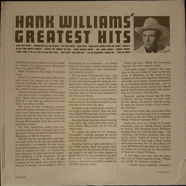 Hank Williams : Hank Williams' Greatest Hits (LP, Comp, RE)