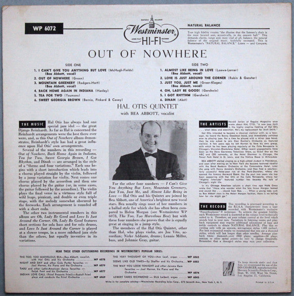 The Hal Otis Quintet With Bea Abbott : Out Of Nowhere (LP, Album, Mono)