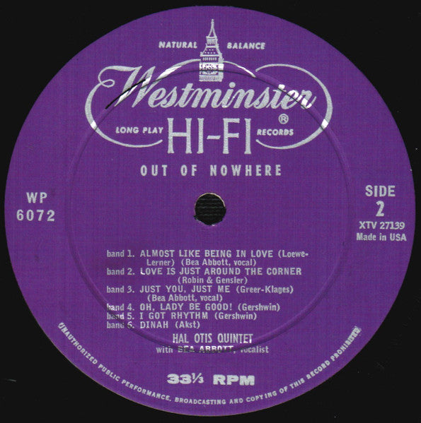 The Hal Otis Quintet With Bea Abbott : Out Of Nowhere (LP, Album, Mono)