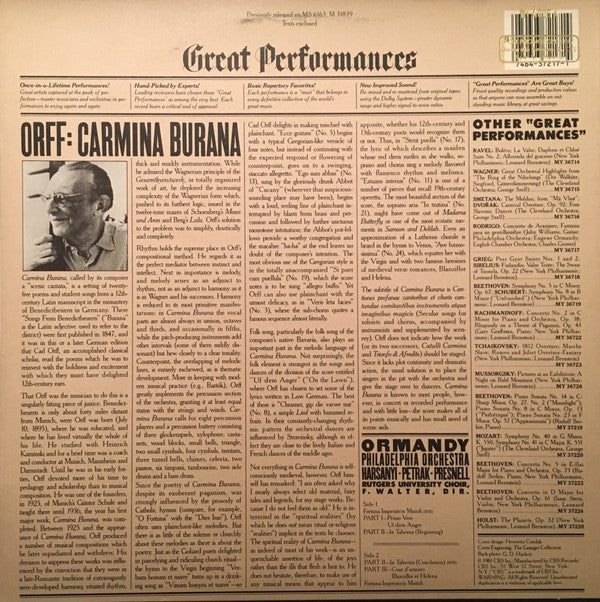 Orff* : Ormandy*, Philadelphia Orchestra*, Harsanyi*, Pertak*, Presnell*, Rutgers University Choir*, F. Walter* : Carmina Burana (LP, Album)