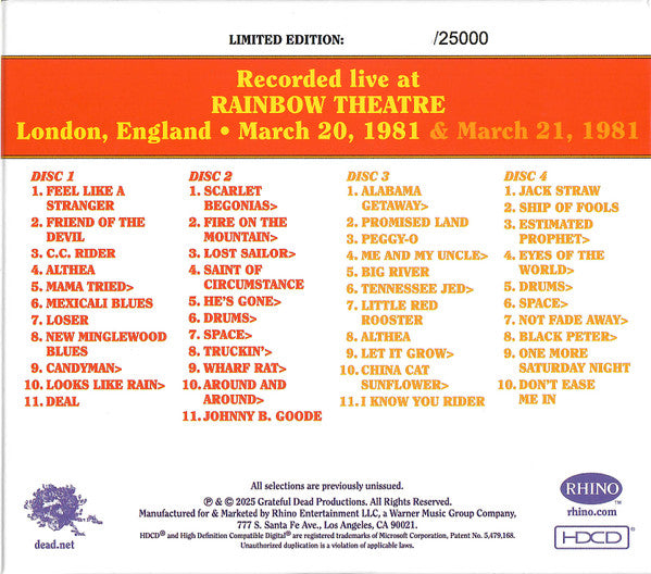 Grateful Dead* : Dave's Picks, Volume 56 (Rainbow Theatre, London, England • 3/20/81 & 3/21/81) (4xHDCD, Ltd, Num)