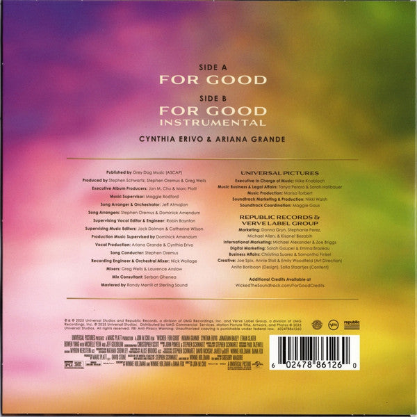 Cynthia Erivo & Ariana Grande : For Good (7", Single, Bla)