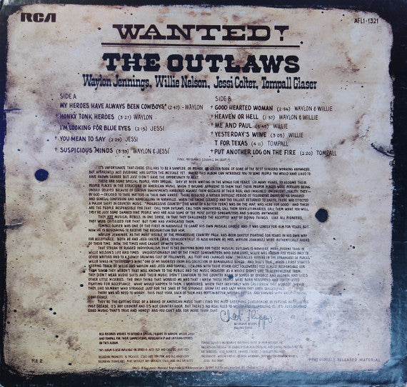 Waylon Jennings, Willie Nelson, Jessi Colter, Tompall Glaser : Wanted! The Outlaws (LP, Album, Comp, RE, Lar)