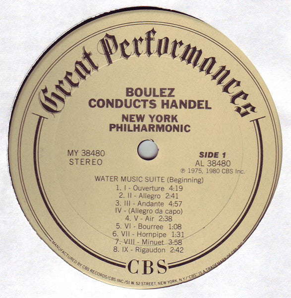 Handel* - Boulez*, New York Philharmonic : Water Music Suite / Royal Fireworks Music (LP, Comp)
