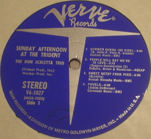 The Don Scaletta Trio : Sunday Afternoon At The Trident (LP, Album)
