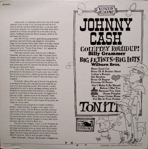 Johnny Cash With The Wilburn Bros.* And Billy Grammer : Country Round-up (The Authentic Sounds Of Country & Western Music) (LP, Comp, Mono)