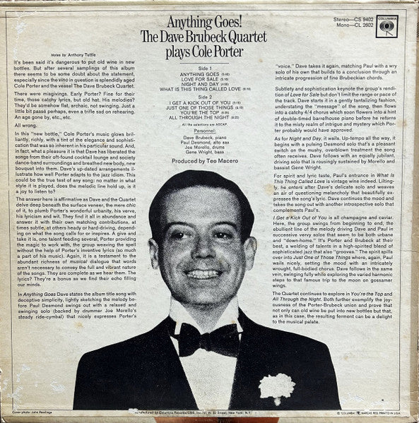 The Dave Brubeck Quartet : Anything Goes! The Dave Brubeck Quartet Plays Cole Porter (LP, Album, San)