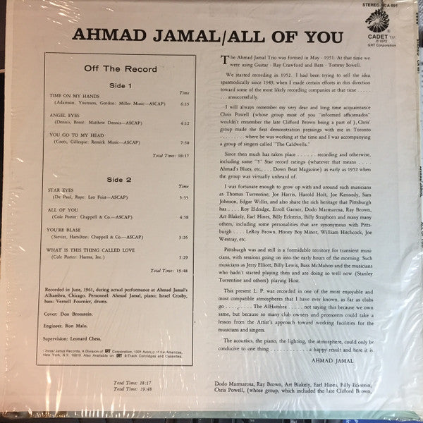 Ahmad Jamal : All Of You (LP, Album, RE)