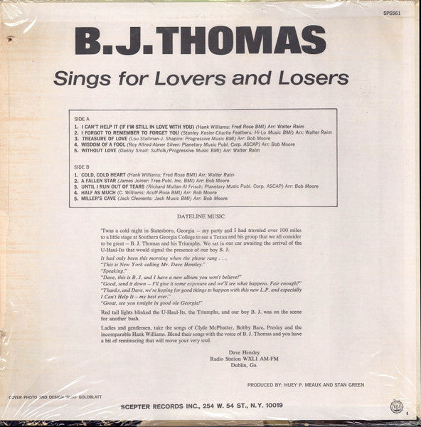 B.J. Thomas : Sings For Lovers And Losers (LP, Album)