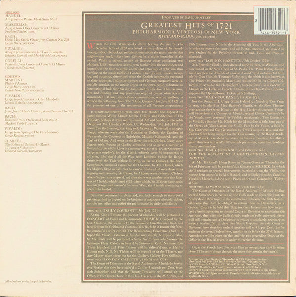 Philharmonia Virtuosi Of New York*, Richard Kapp : Greatest Hits Of 1721 (LP, Album)