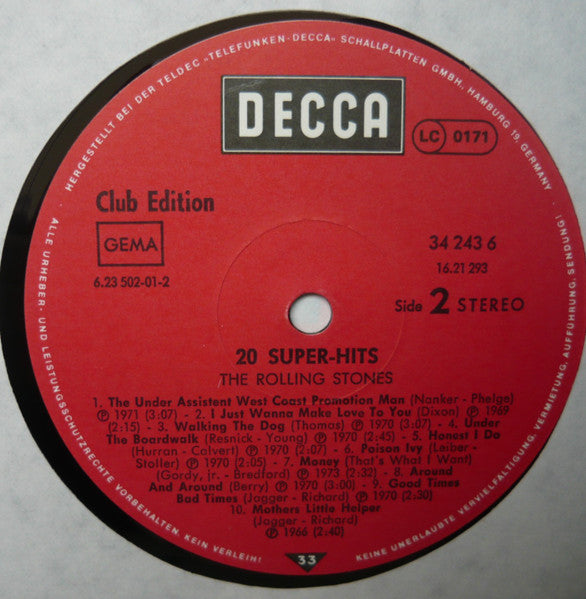The Rolling Stones : 20 Super Hits By The Rolling Stones (LP, Comp, Club)