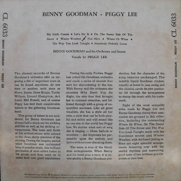 Benny Goodman, His Orchestra* And Sextet* ; Vocals By Peggy Lee : Benny Goodman With Peggy Lee (10", Album, Mono)