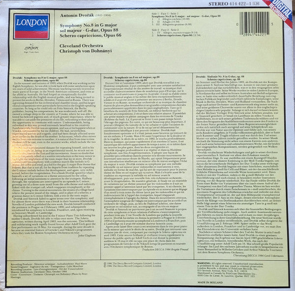 Antonín Dvořák, The Cleveland Orchestra, Christoph von Dohnányi : Symphony No.8 / Scherzo Capriccioso (LP, Album)