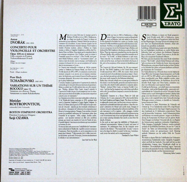 Antonín Dvořák / Pyotr Ilyich Tchaikovsky - Mstislav Rostropovich, Boston Symphony Orchestra, Seiji Ozawa : Concerto Pour Violoncelle / Variations Rococo (LP)