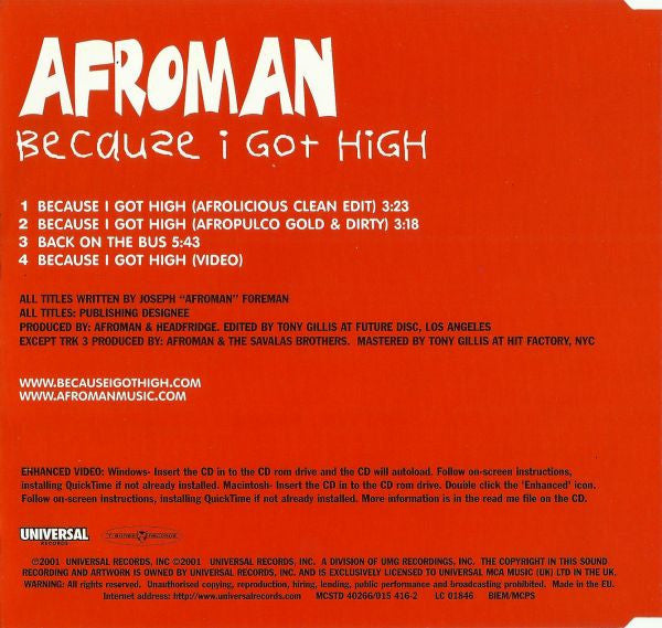Afroman : Because I Got High (CD, Single, Enh)