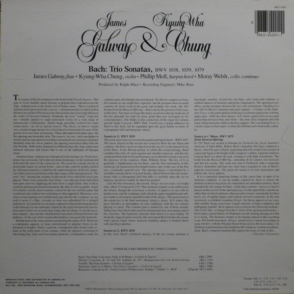 James Galway & Kyung-Wha Chung With Phillip Moll And Moray Welsh : Bach: Trio Sonatas BWV 1038, 1039 & 1079 (LP)