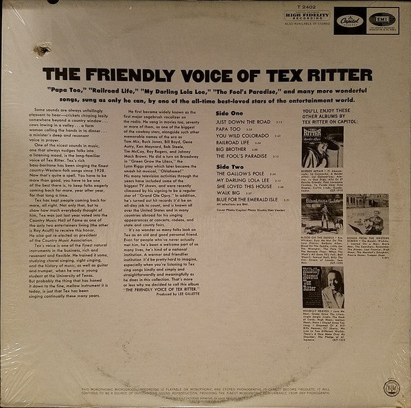 Tex Ritter : The Friendly Voice Of (LP, Album, Mono)