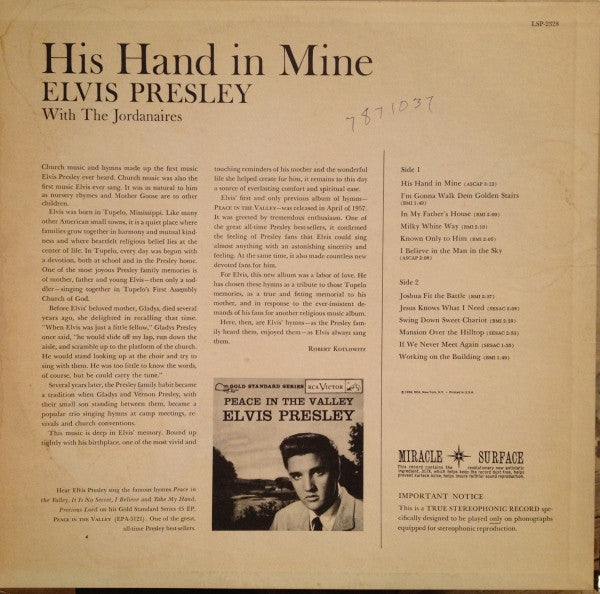 Elvis Presley : His Hand In Mine (LP, Album, RE)