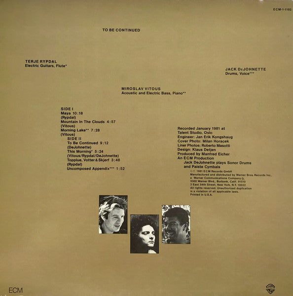 Terje Rypdal / Miroslav Vitous / Jack DeJohnette : To Be Continued (LP, Album)