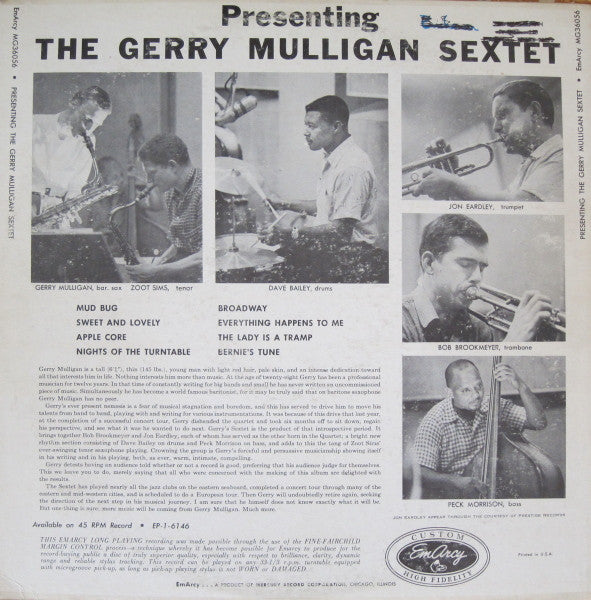 Gerry Mulligan And His Sextet : Presenting The Gerry Mulligan Sextet (LP, Album, Mono, RP)