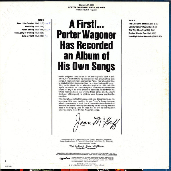 Porter Wagoner : Porter Wagoner Sings His Own (LP, Album, Ind)