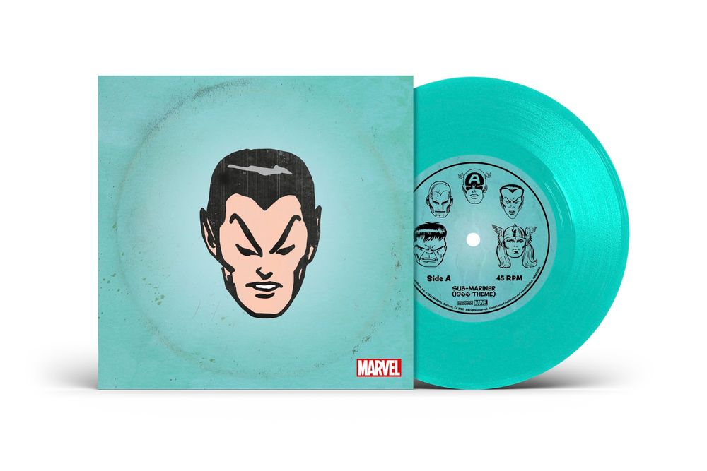 the album cover for Marvel Chorus - Merry Marvel Marching Society (1966 Theme) [Sub-Mariner Translucent Sea Foam 7" Single]