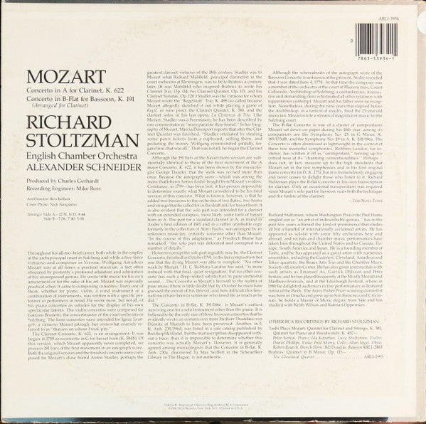 Mozart*, Richard Stoltzman, English Chamber Orchestra, Alexander Schneider : Clarinet Concerto, K. 622 / Concerto  For Bassoon, K. 191 (Arranged For Clarinet) (LP, Album)