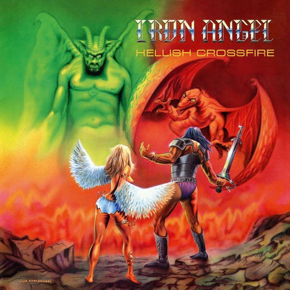 the album cover for Iron Angel - Hellish Crossfire (Blk) [Colored Vinyl] (Org) (Spla)