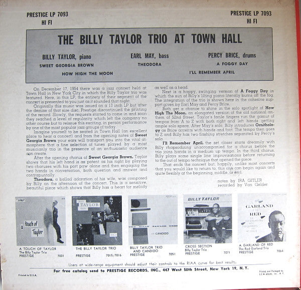 Billy Taylor Trio : At Town Hall (LP, Album, Mono)