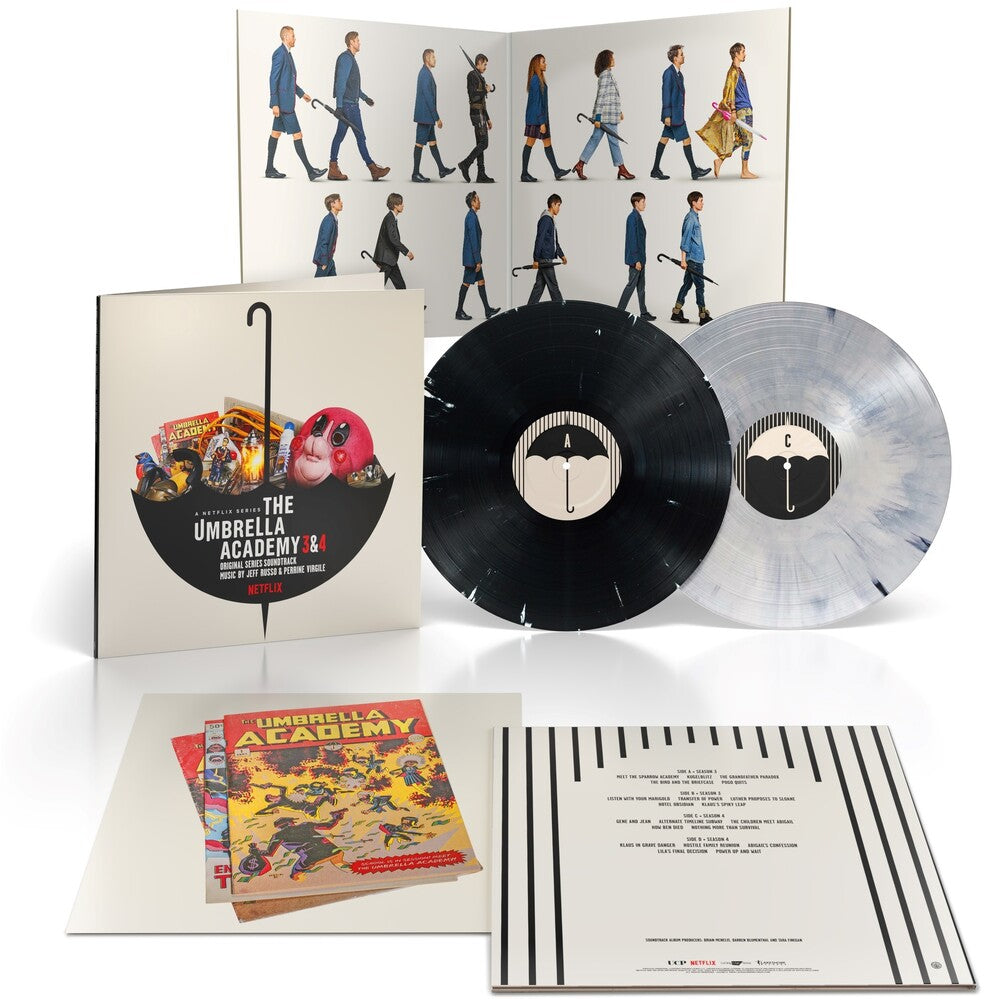 the album cover for Jeff Russo &amp; Perrine Virgile - The Umbrella Academy 3 & 4 (Original Series Soundtrack) [Black with white splatter, white with black splatter 2 LP]