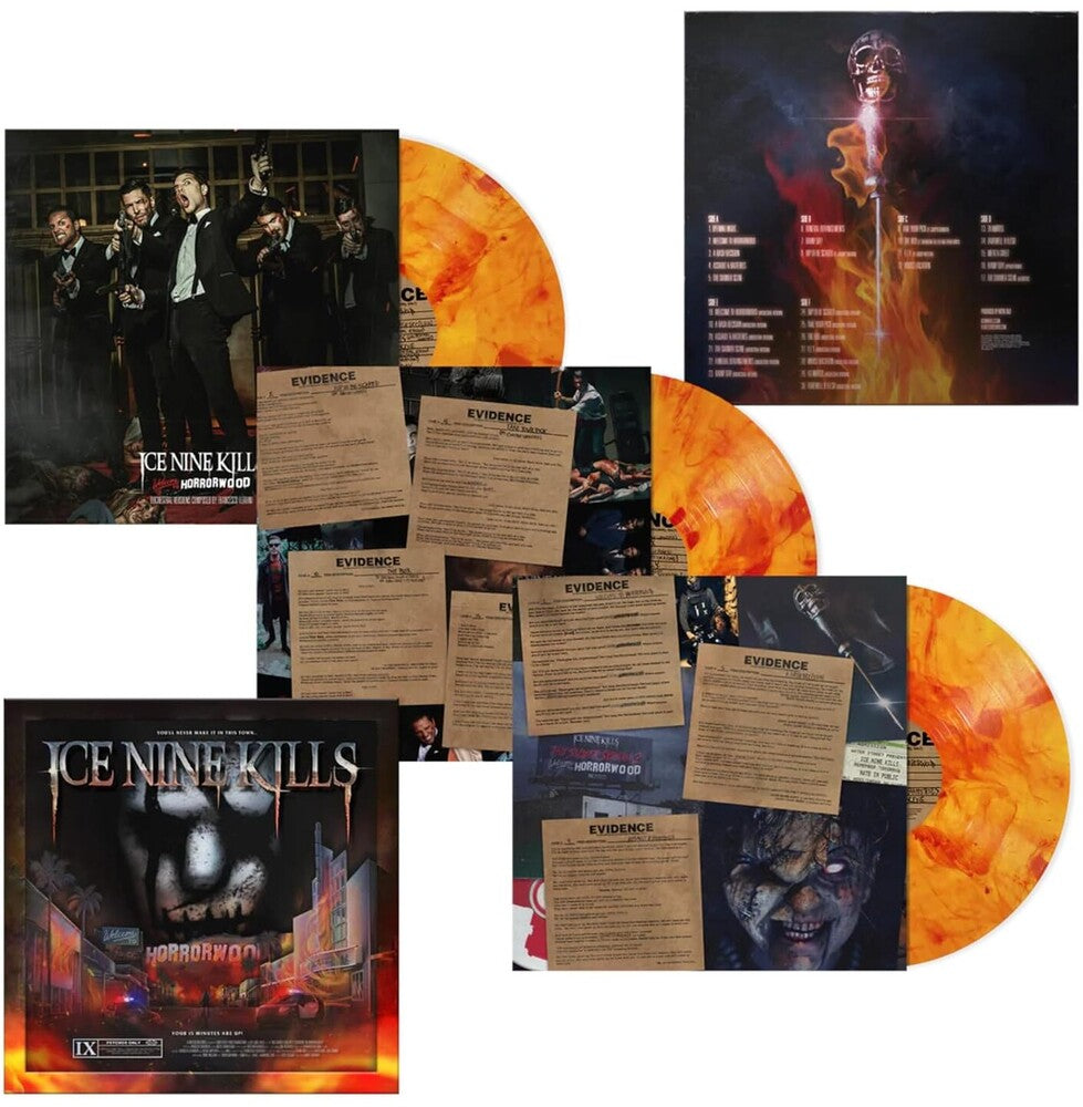 the album cover for Ice Nine Kills - Welcome To Horrorwood: Under Fire (Deluxe Edition) [Deluxe Edition 3xLP Box Set Horrorwood Hills Orange with Red Splatter vinyl]