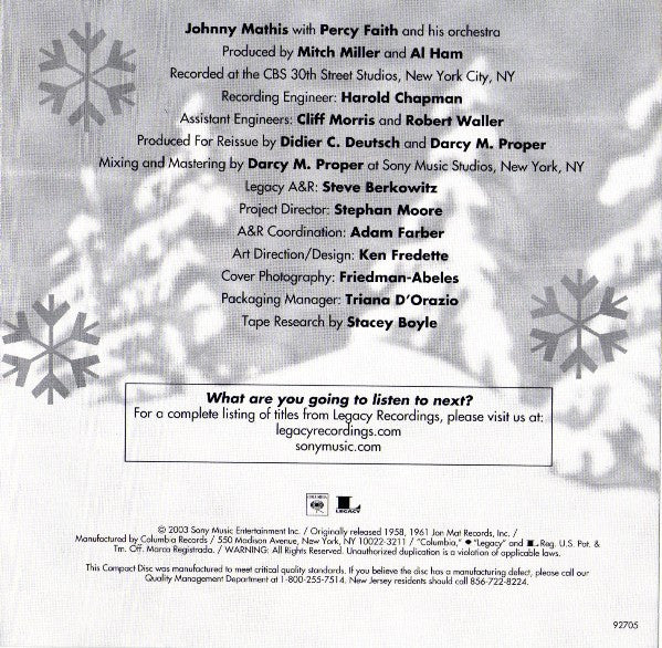 Johnny Mathis With Percy Faith And His Orchestra* : Merry Christmas (CD, Album, RE)
