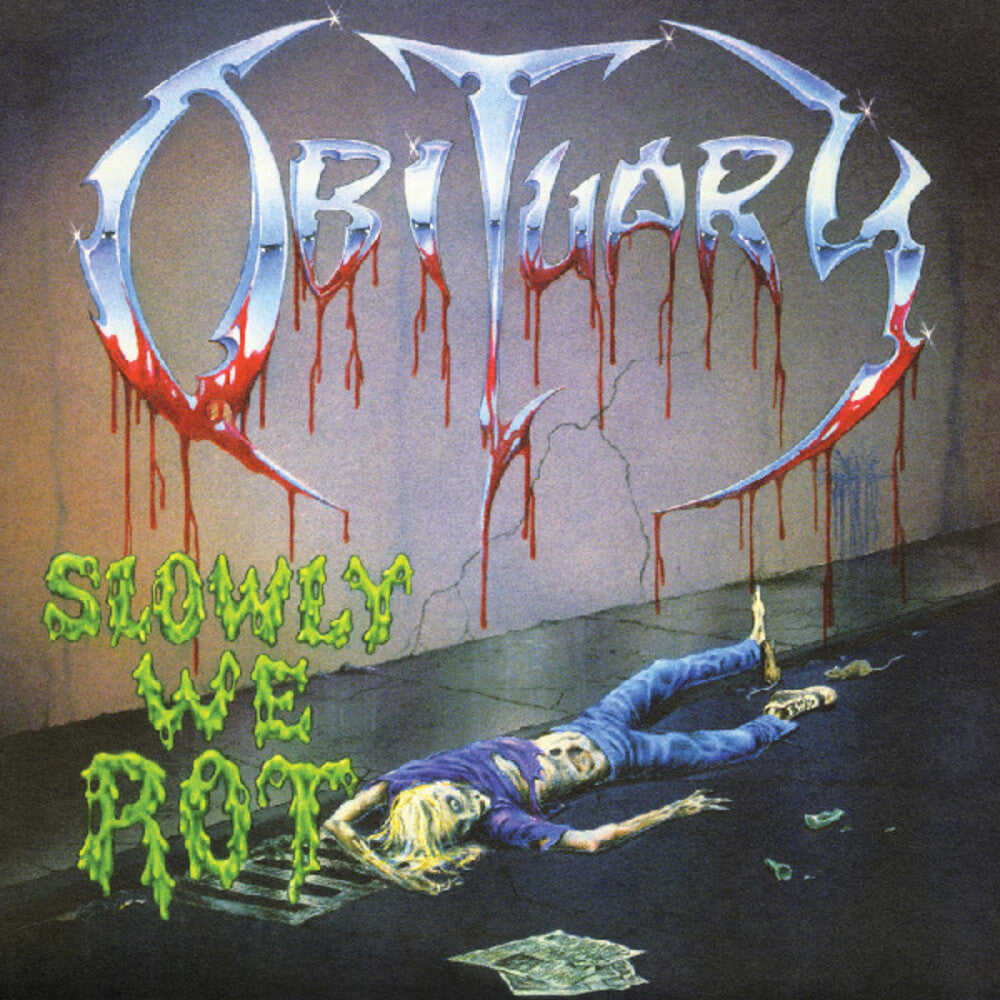 the album cover for Obituary - Slowly We Rot (Bonus Tracks) [Corpse Blue with Blood Splatter]