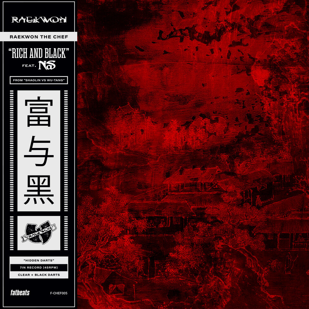 the album cover for Raekwon - Rich & Black ft Nas b/w Crane Style ft Busta Rhymes [Hidden Darts variant with OBI strip and splattered vinyl]