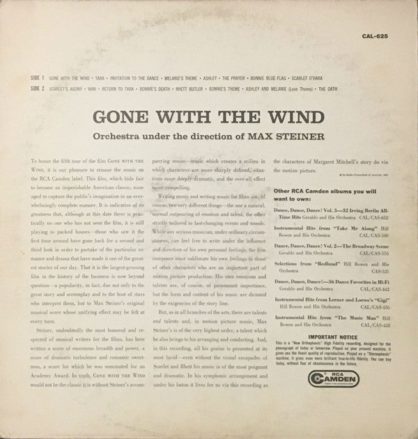 Max Steiner : Gone With The Wind - Orchestra Under The Direction Of Max Steiner (LP)