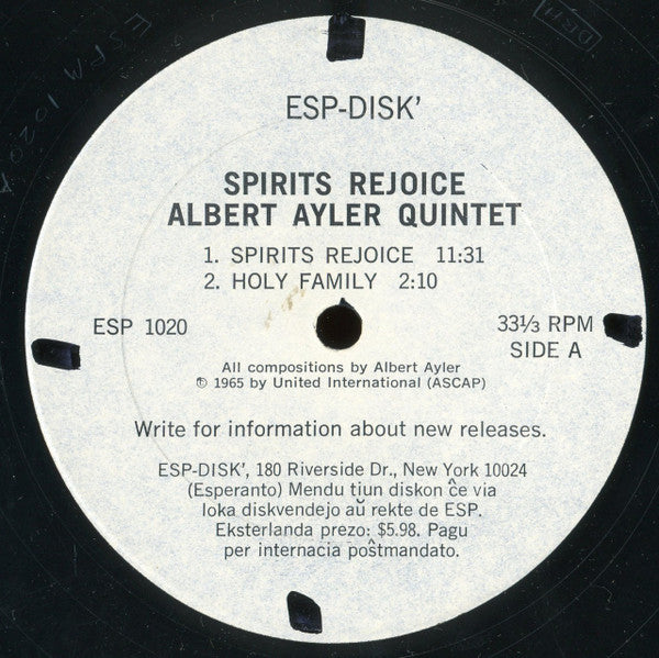 Albert Ayler Quintet : Spirits Rejoice (LP, Album, Mono)
