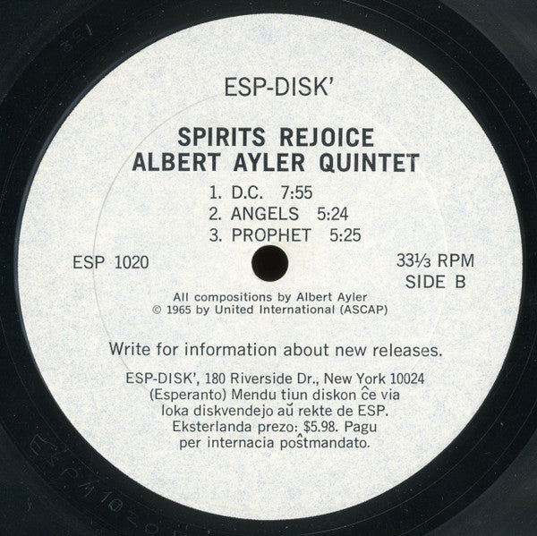 Albert Ayler Quintet : Spirits Rejoice (LP, Album, Mono)