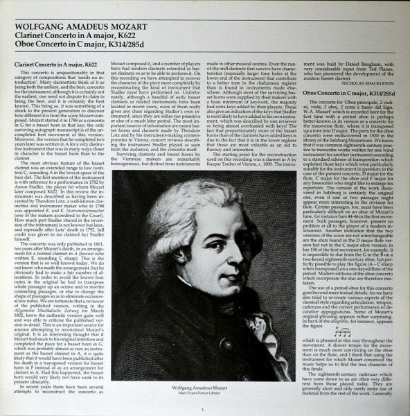 Mozart*, Christopher Hogwood, Antony Pay, Michel Piguet, The Academy Of Ancient Music : Clarinet Concerto / Oboe Concerto (LP)