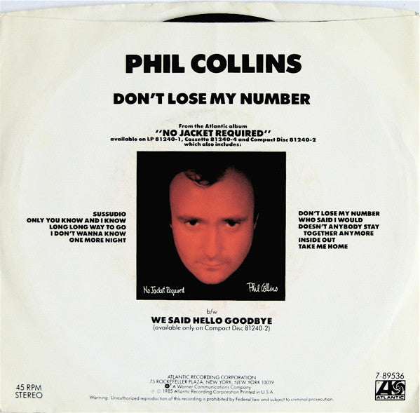 Phil Collins : Don't Lose My Number (7", Spe)