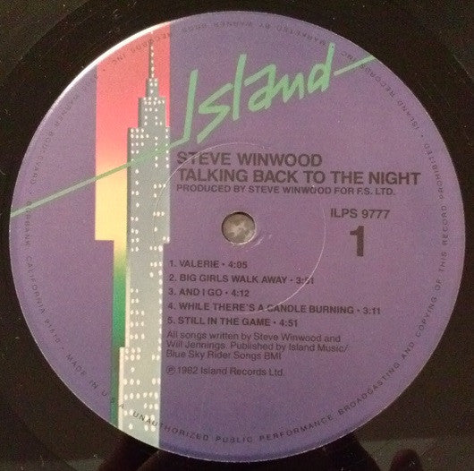 Steve Winwood : Talking Back To The Night (LP, Album, Jac)