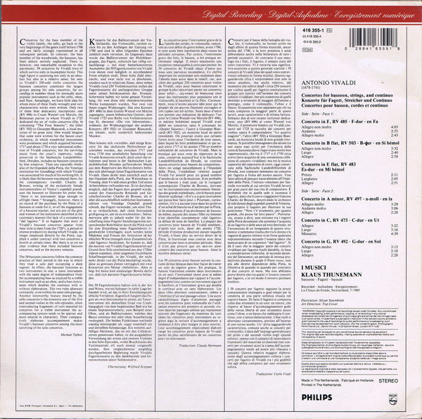 Vivaldi*, I Musici, Klaus Thunemann : 6 Bassoon Concertos ▪ Fagottkonzerte (LP)