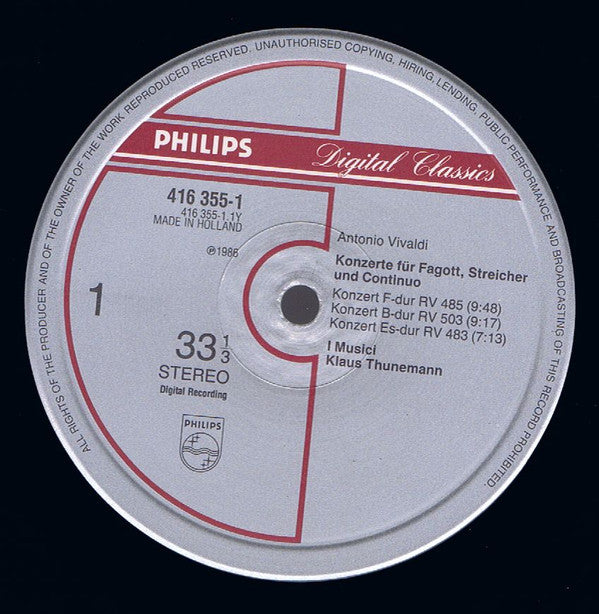 Vivaldi*, I Musici, Klaus Thunemann : 6 Bassoon Concertos ▪ Fagottkonzerte (LP)