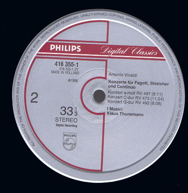 Vivaldi*, I Musici, Klaus Thunemann : 6 Bassoon Concertos ▪ Fagottkonzerte (LP)