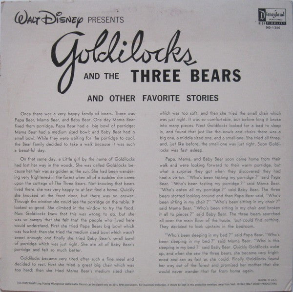 Rica Moore : Walt Disney Presents The Story Of Goldilocks And The Three Bears (LP)