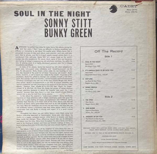 Sonny Stitt & Bunky Green : Soul In The Night (LP, Album, Mono)