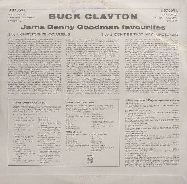 Buck Clayton's All-Stars* : Jams Benny Goodman Favourites (LP)