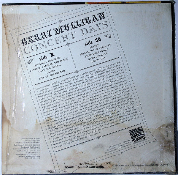 Gerry Mulligan : Concert Days (LP, Comp, Mono, She)