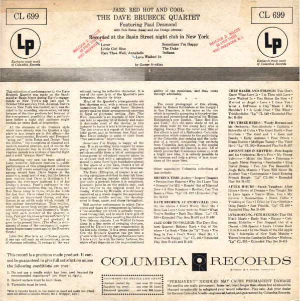 The Dave Brubeck Quartet : Jazz: Red Hot And Cool (LP, Album, Mono)