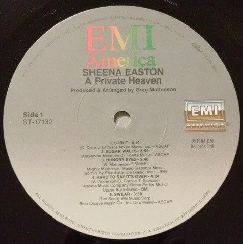 Sheena Easton : A Private Heaven (LP, Album)