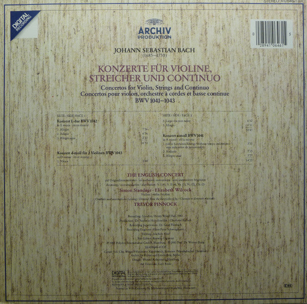 Johann Sebastian Bach, Simon Standage, Elizabeth Wilcock, The English Concert, Trevor Pinnock : Violin Concertos = Violinkonzerte (LP)